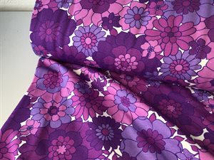 Bomuldsjersey - med retro blomster i violette toner KOMMER IGEN